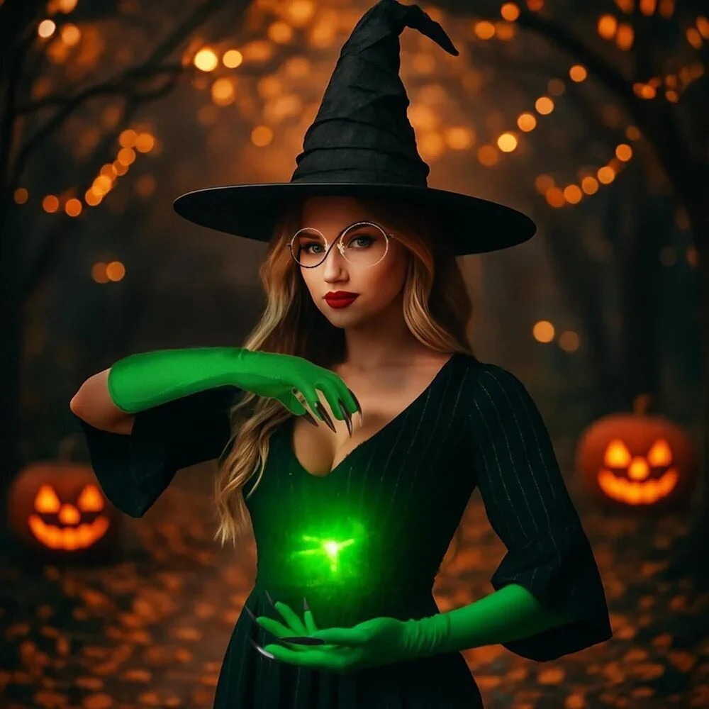 Women Witch Costume Accessory Set Hat Gloves Glasses for Halloween Cosplay